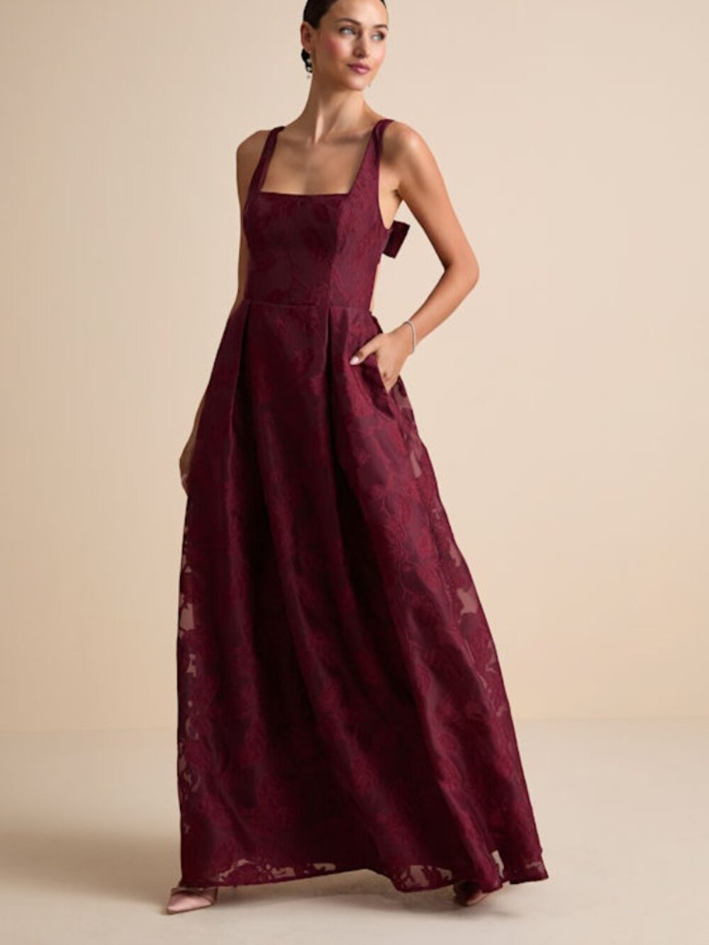 Lulus Perfected Aura Red Jacquard Tie-back Maxi Dress With Pockets - Size L